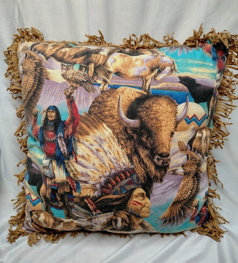 Vintage homemade Native American Indian suede Fringe throw pillow